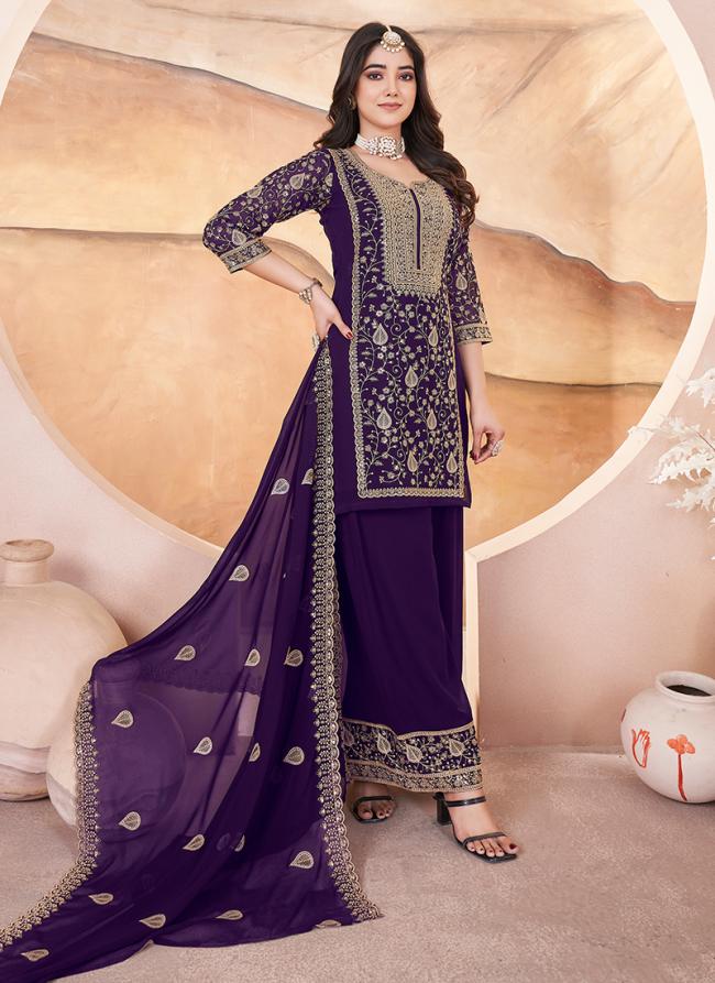 Geogette Purple Ceremonial Wear Embroidery Work Readymade Plazzo Suit